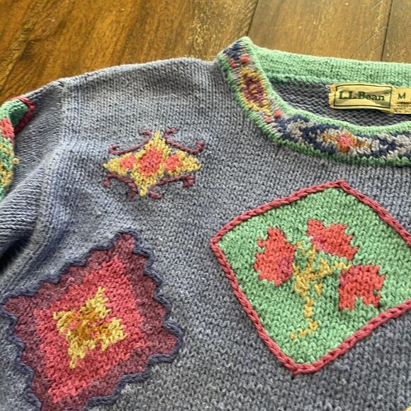 L.L.Bean Sweater Womens Medium Purple Ramie Intarsia Floral Geometric Pullover - Picture 9 of 13